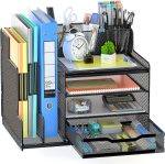 VIVSOL Desk Organizer with Mesh File Holder, 4-Tier Office Supplies Desk Organizers and Accessories with Sliding Drawers, 3 Trays & Pen Holder, Desk File Organizer and Storage for Office, School, Home